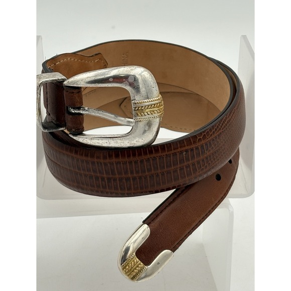 Raymond Floyd Men's Belt Size 38 Italian Calfskin Brown Embossed Leather Silver - Picture 1 of 9